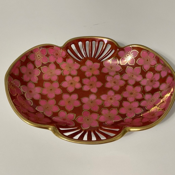 VTG RS Silesia Ruby Oval Handled Bowl With Pink Flowers Gold Trim - Picture 6 of 7